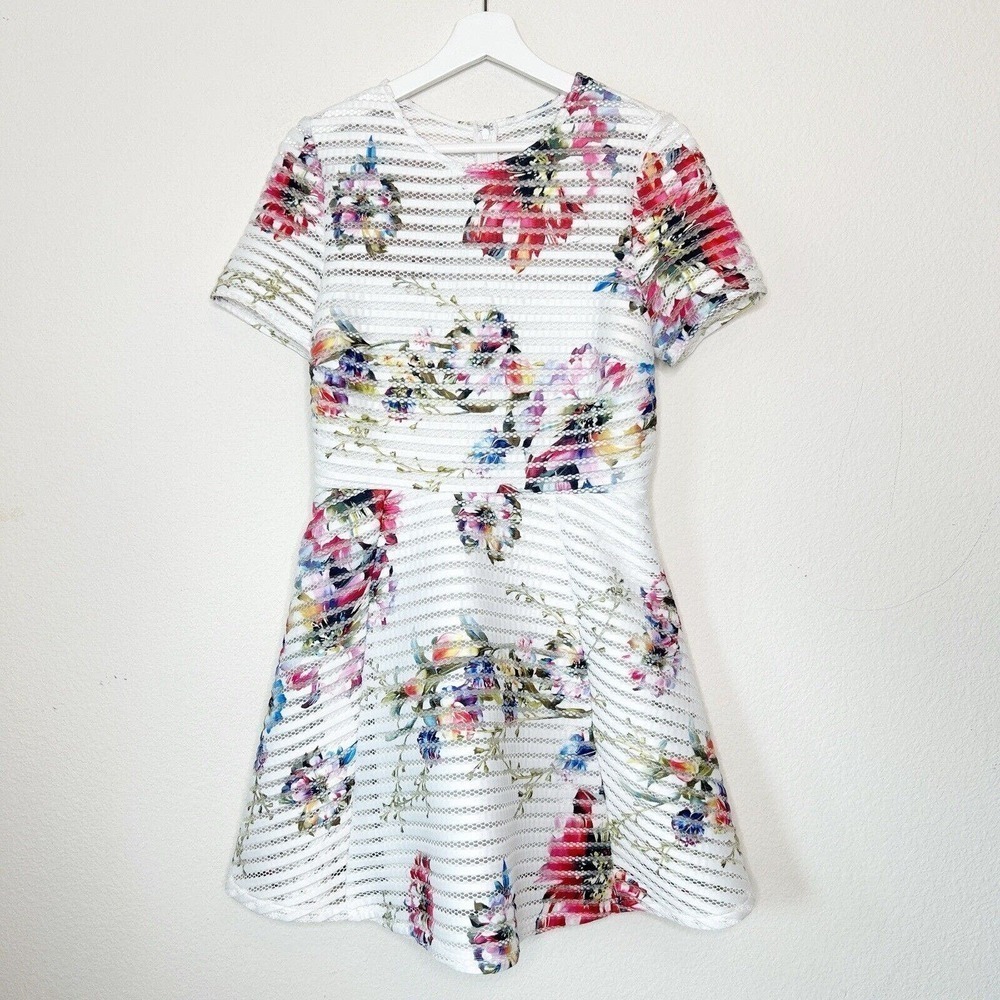 Unbranded Mesh Striped White Floral Fit and Flare Dress 8